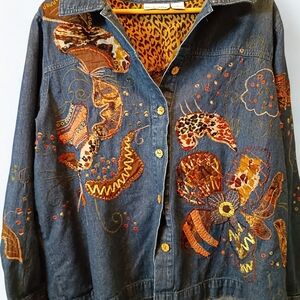 Vintage Breckenridge Embroidered Denim Jacket XL Animal Patchwork Shacket Floral